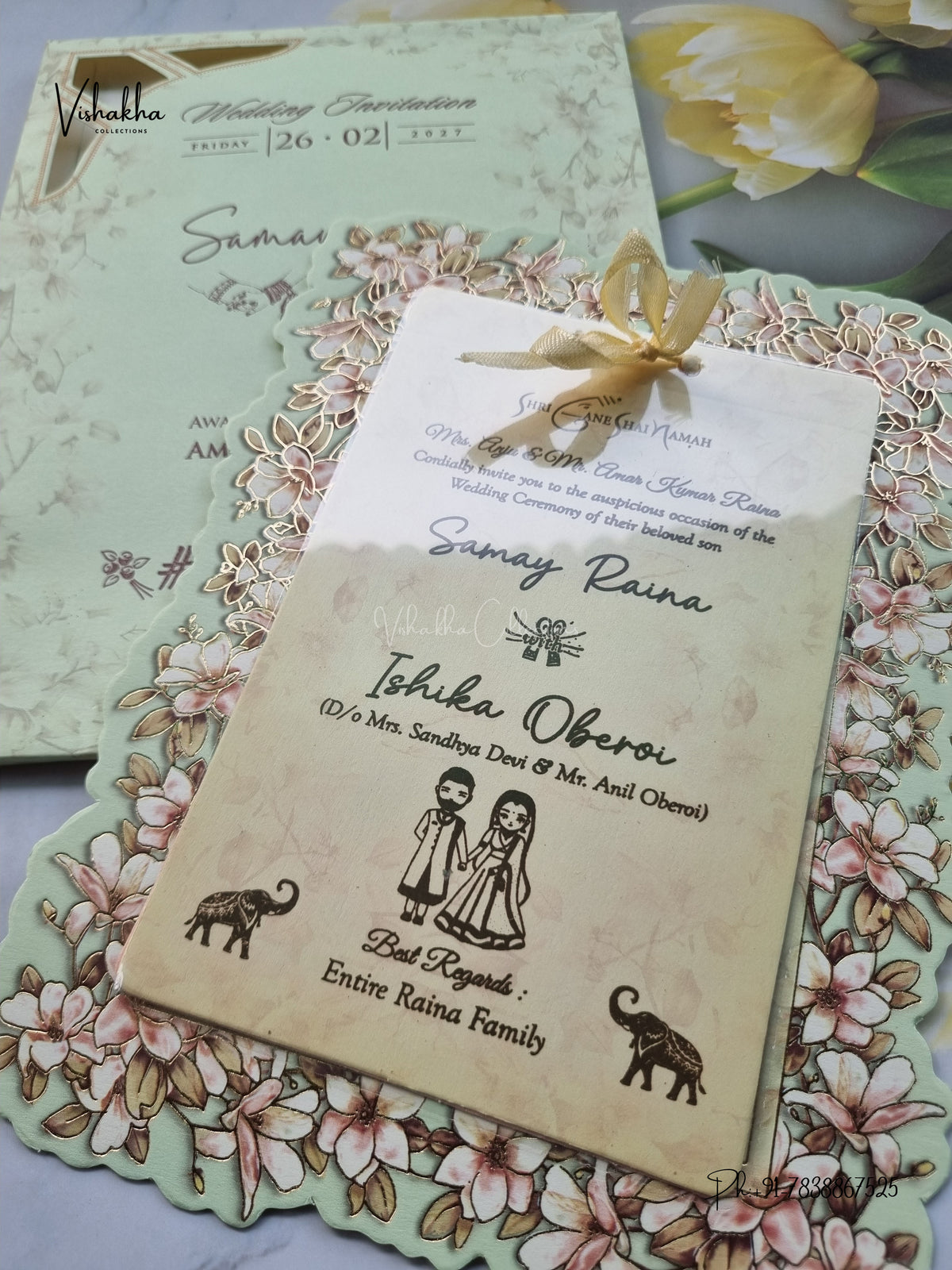 Semi Box Ribbon Flower Hindu Muslim Christian Sikh Jain invitation Cards ATS-4306 – image 2