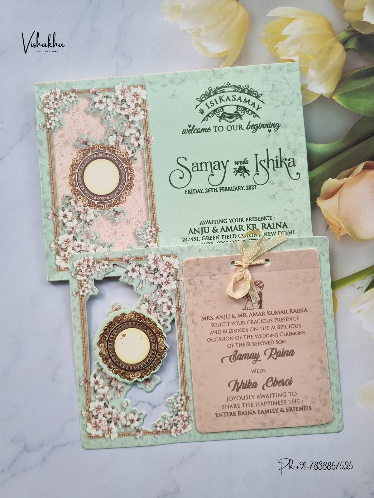 Semi Box Ribbon Flower 3D Pop Up Hindu Muslim Christian Sikh Jain invitation Cards ATS-4307 – image 1
