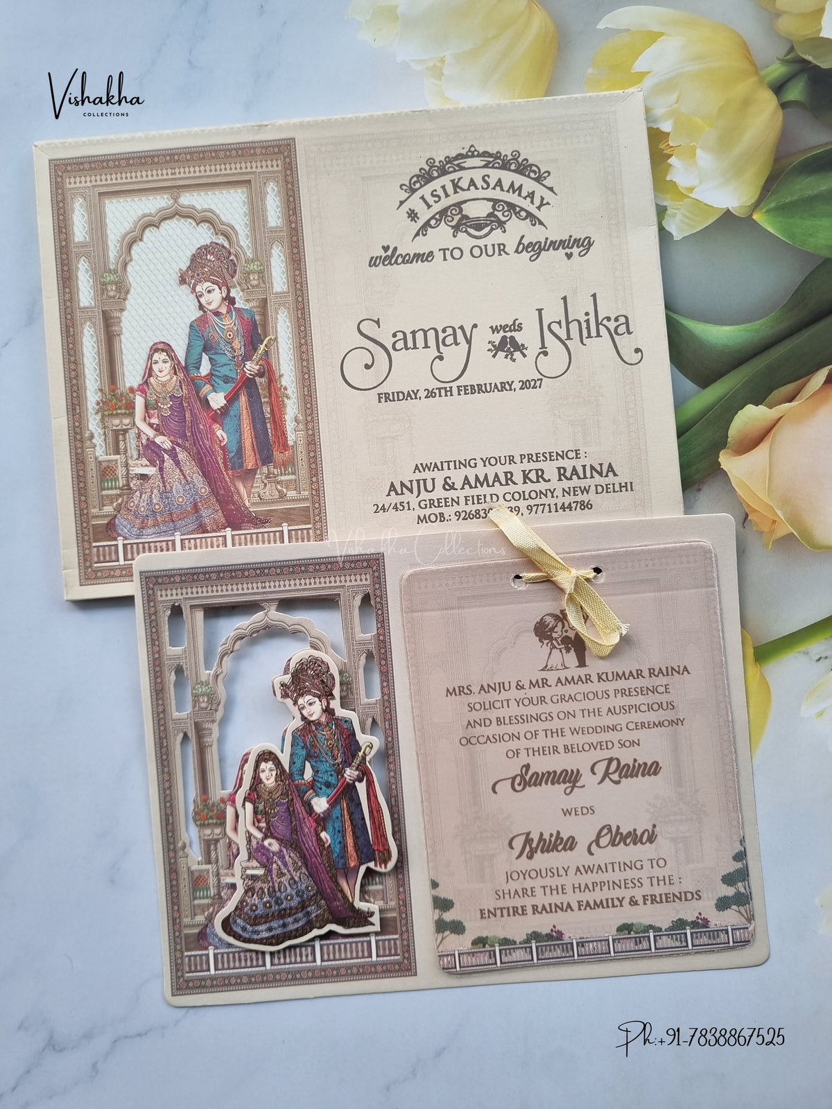 Semi Box Ribbon Dulah Dulhan 3D Pop Up Hindu Sikh Jain invitation Cards ATS-4308 – image 1