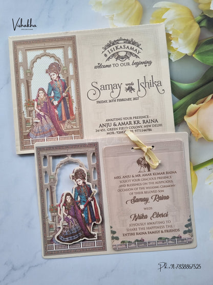 Semi Box Ribbon Dulah Dulhan 3D Pop Up Hindu Sikh Jain invitation Cards ATS-4308 – image 1
