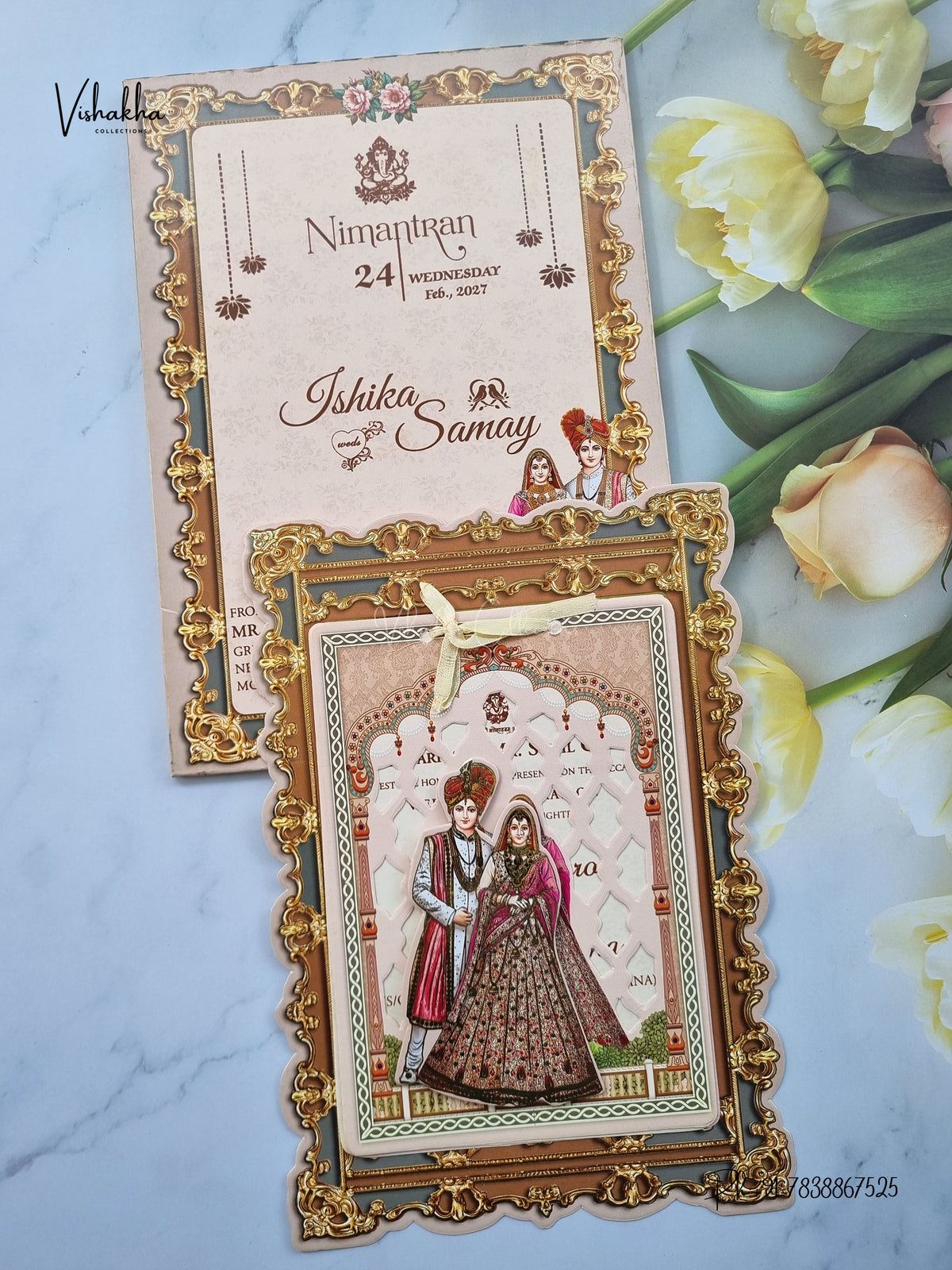Semi Box Ribbon Dulah Dulhan 3D Pop Up Hindu Sikh Jain invitation Cards ATS-4312 – image 1