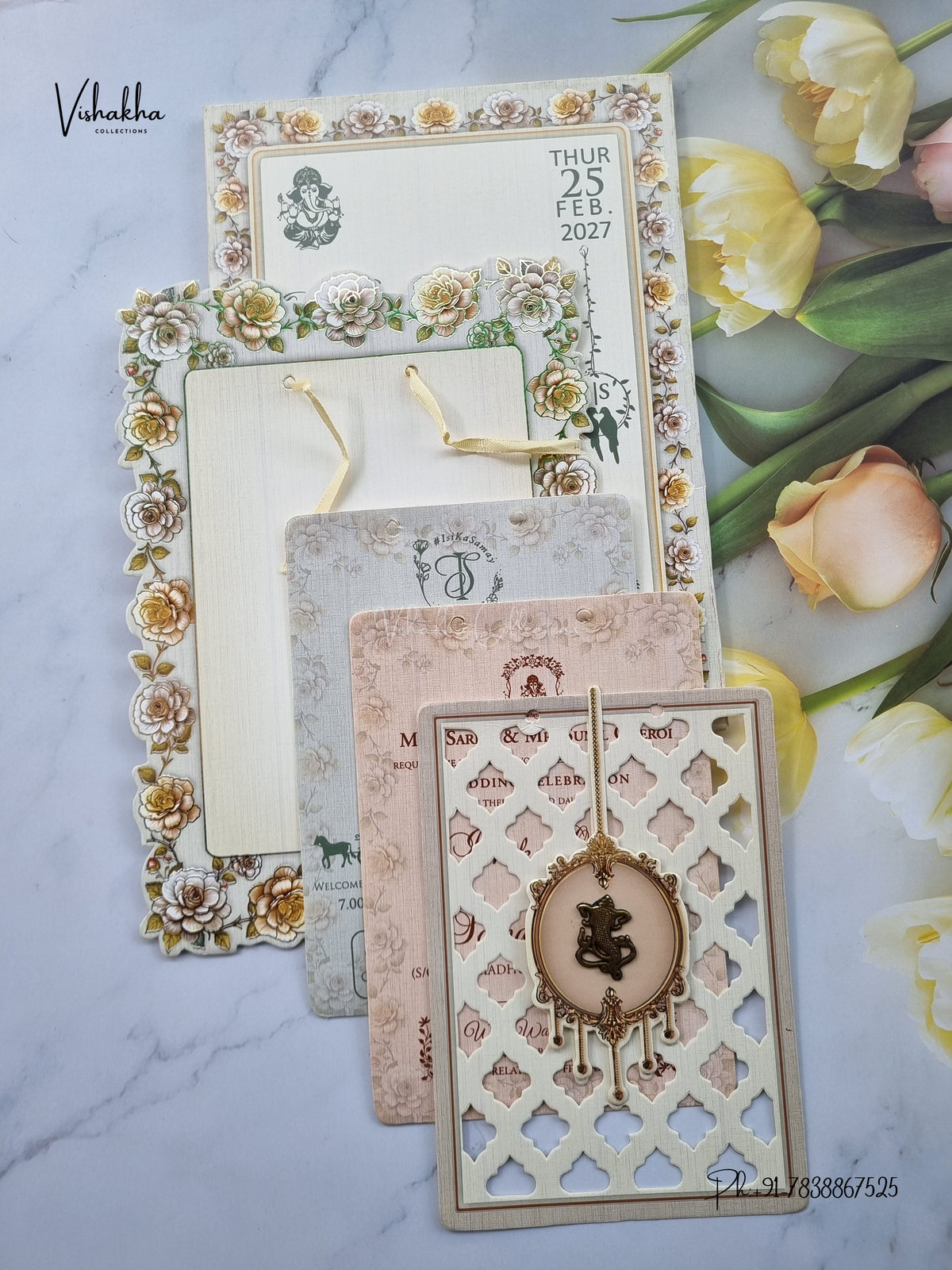 Semi Box Ribbon Ganesh Ji Flower Hindu Jain invitation Cards ATS-4313 – image 3
