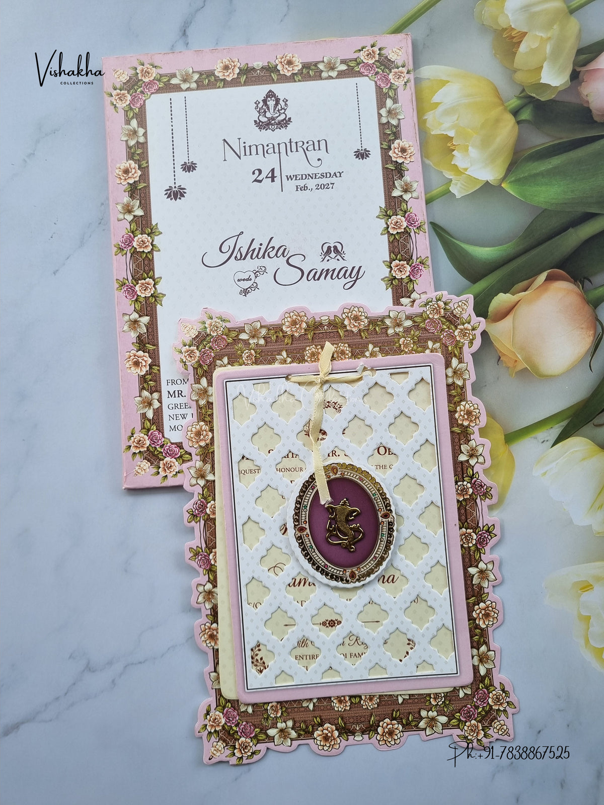 Semi Box Ribbon Ganesh Ji Flower Hindu Jain invitation Cards ATS-4314 – image 1