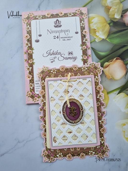 Semi Box Ribbon Ganesh Ji Flower Hindu Jain invitation Cards ATS-4314 – image 1