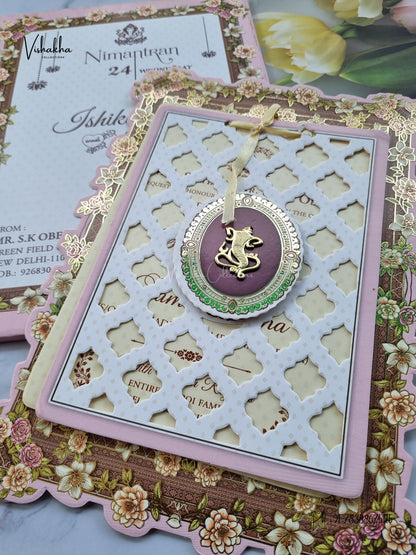 Semi Box Ribbon Ganesh Ji Flower Hindu Jain invitation Cards ATS-4314 – image 2