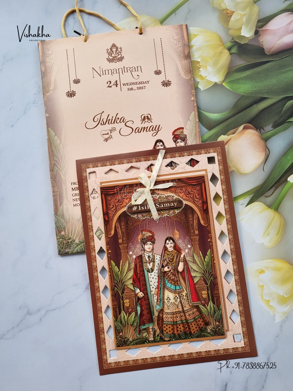 Semi Box Ribbon Carry Bag Dulah Dulhan Hindu Sikh Jain invitation Cards ATS-4317 – image 1