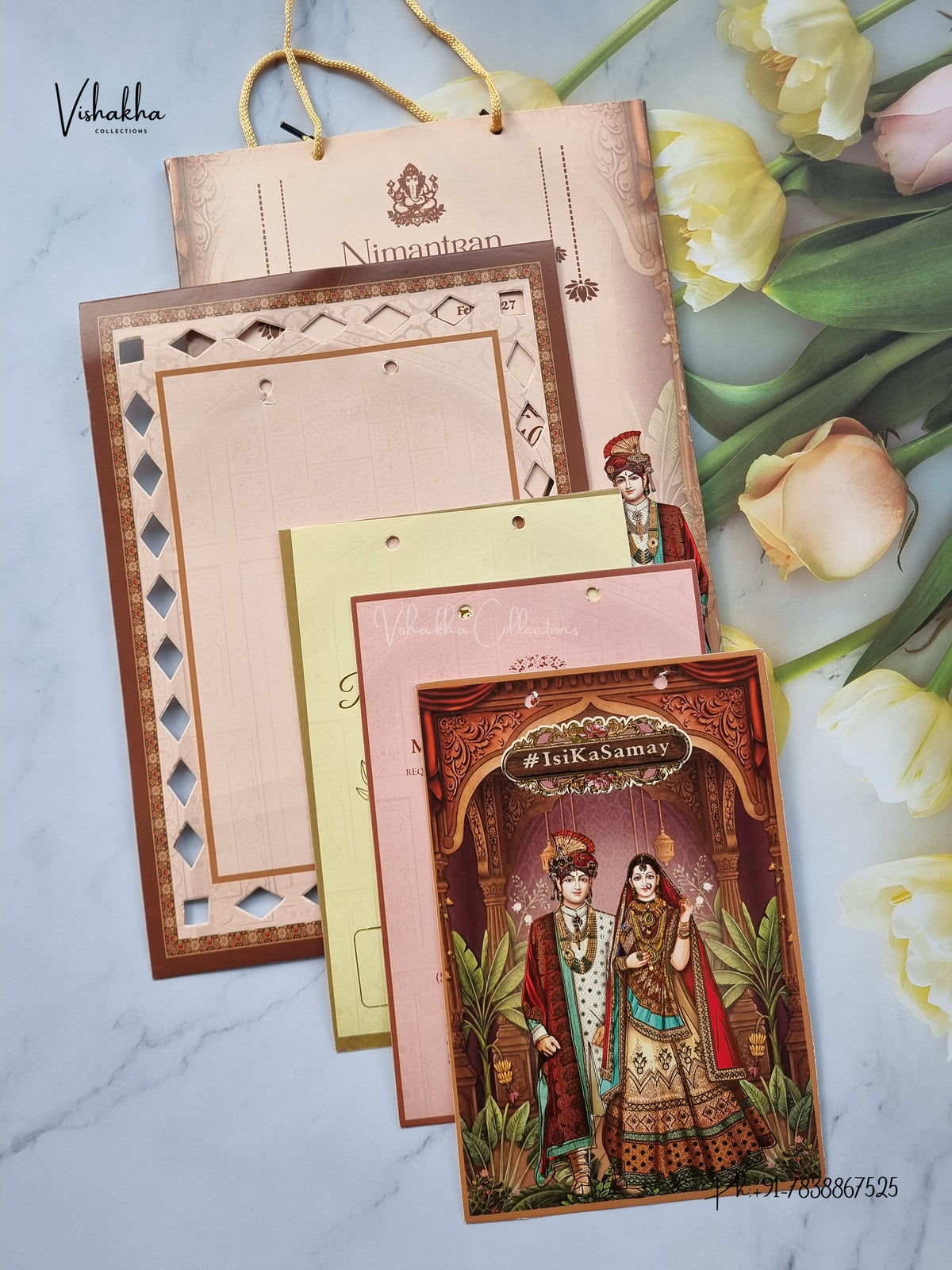 Semi Box Ribbon Carry Bag Dulah Dulhan Hindu Sikh Jain invitation Cards ATS-4317 – image 3