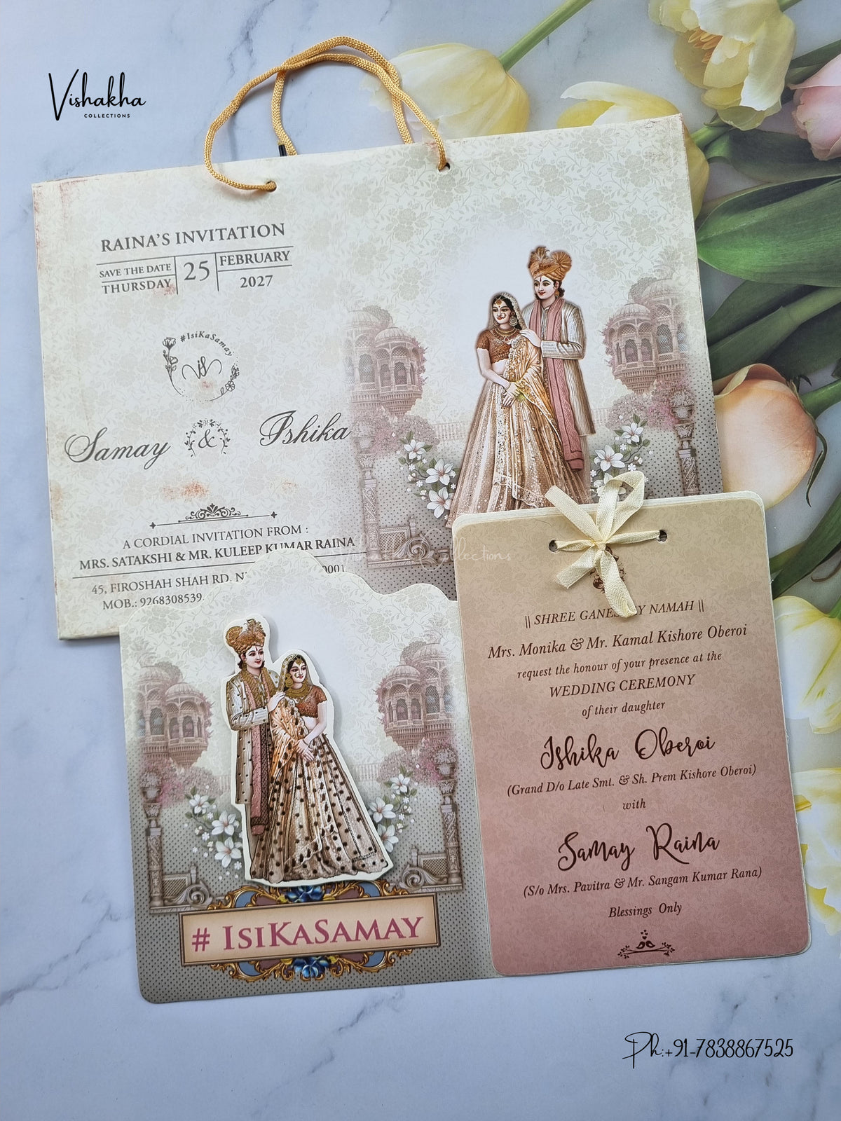 Semi Box Ribbon Carry Bag Dulah Dulhan 3D Pop Up Hindu Sikh Jain invitation Cards ATS-4318 – image 1