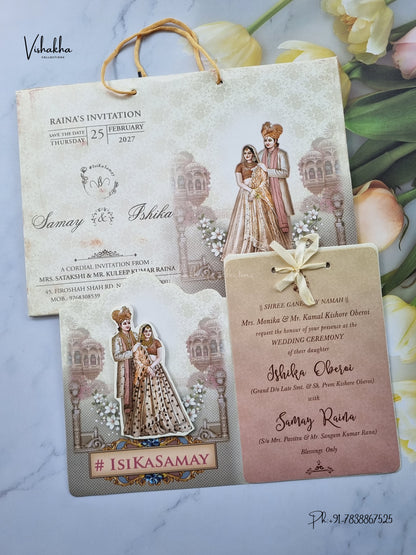Semi Box Ribbon Carry Bag Dulah Dulhan 3D Pop Up Hindu Sikh Jain invitation Cards ATS-4318 – image 1