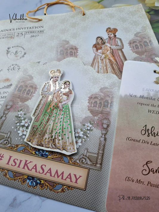 Semi Box Ribbon Carry Bag Dulah Dulhan 3D Pop Up Hindu Sikh Jain invitation Cards ATS-4318 – image 2