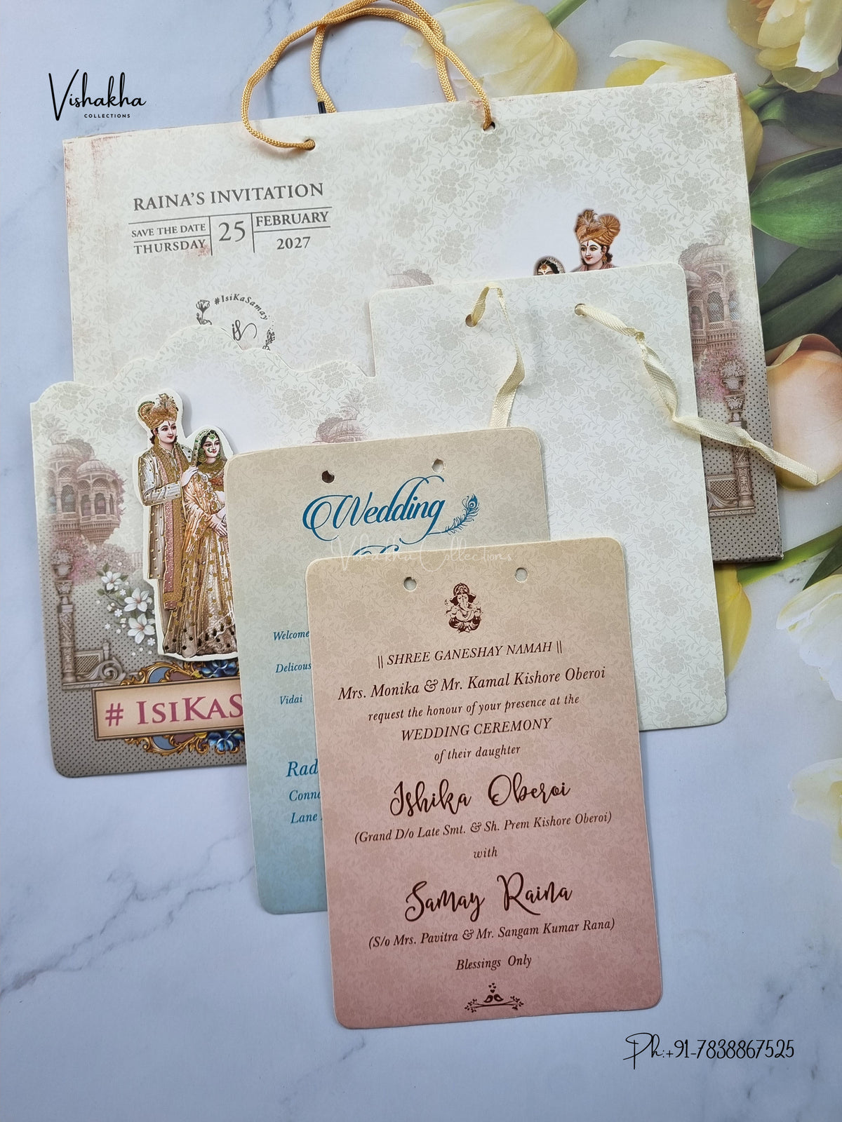 Semi Box Ribbon Carry Bag Dulah Dulhan 3D Pop Up Hindu Sikh Jain invitation Cards ATS-4318 – image 3