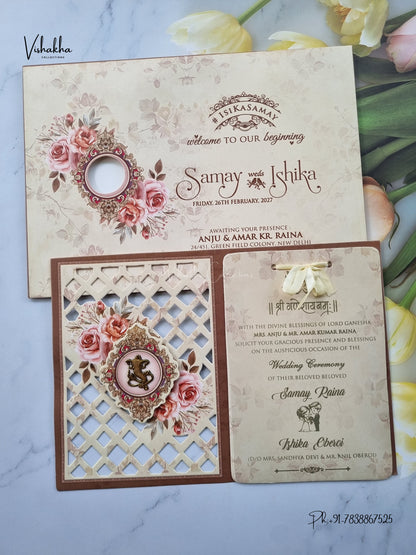 Semi Box Ribbon Ganesh Ji Flower Hindu Jain invitation Cards ATS-4319 – image 1