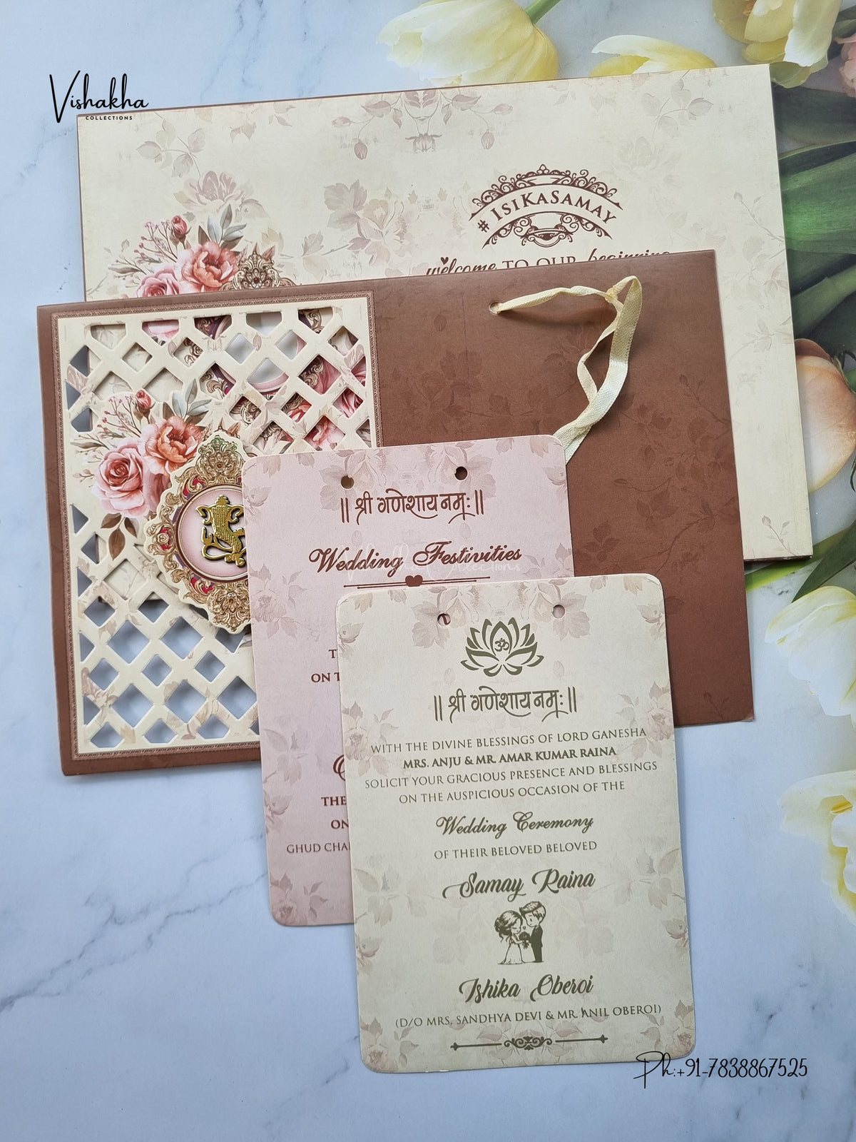 Semi Box Ribbon Ganesh Ji Flower Hindu Jain invitation Cards ATS-4319 – image 3