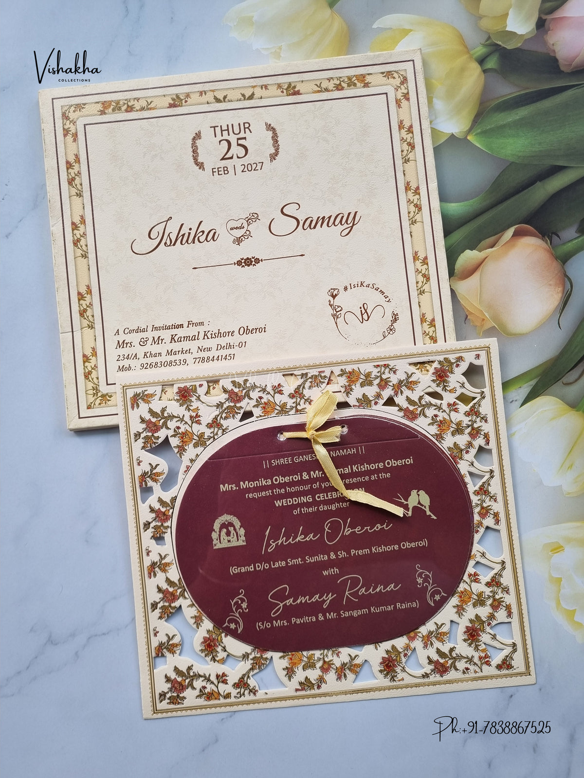 Semi Box Ribbon Flower Hindu Muslim Christian Sikh Jain invitation Cards ATS-4322 – image 1
