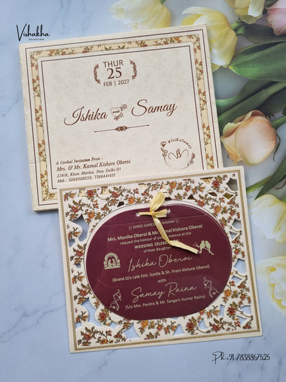 Semi Box Ribbon Flower Hindu Muslim Christian Sikh Jain invitation Cards ATS-4322 – image 1