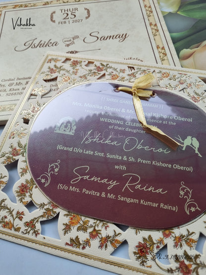 Semi Box Ribbon Flower Hindu Muslim Christian Sikh Jain invitation Cards ATS-4322 – image 2
