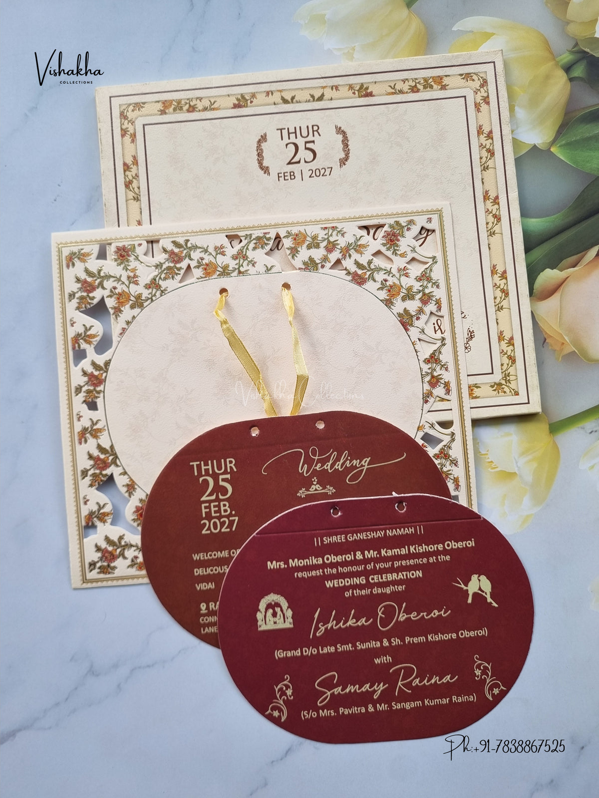 Semi Box Ribbon Flower Hindu Muslim Christian Sikh Jain invitation Cards ATS-4322 – image 3
