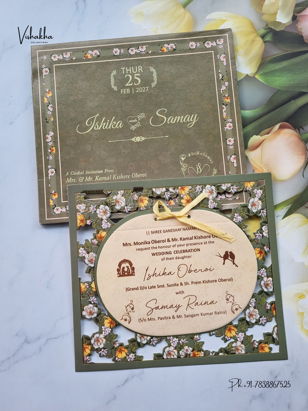 Semi Box Ribbon Flower Hindu Muslim Christian Sikh Jain invitation Cards ATS-4324 – image 1