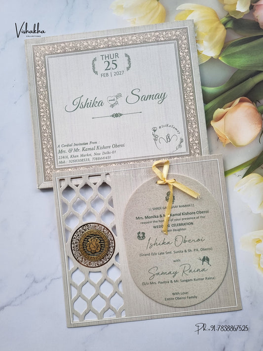 Semi Box Ribbon Ganesh Ji Geometric Hindu Jain invitation Cards ATS-4326 – image 1
