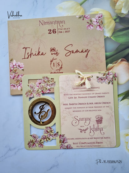 Semi Box Acrylic Ribbon Flower Hindu Muslim Christian Sikh Jain invitation Cards ATS-4328 – image 1