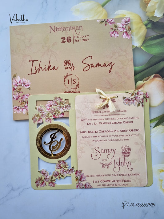 Semi Box Acrylic Ribbon Flower Hindu Muslim Christian Sikh Jain invitation Cards ATS-4328 – image 1