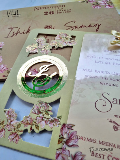 Semi Box Acrylic Ribbon Flower Hindu Muslim Christian Sikh Jain invitation Cards ATS-4328 – image 2