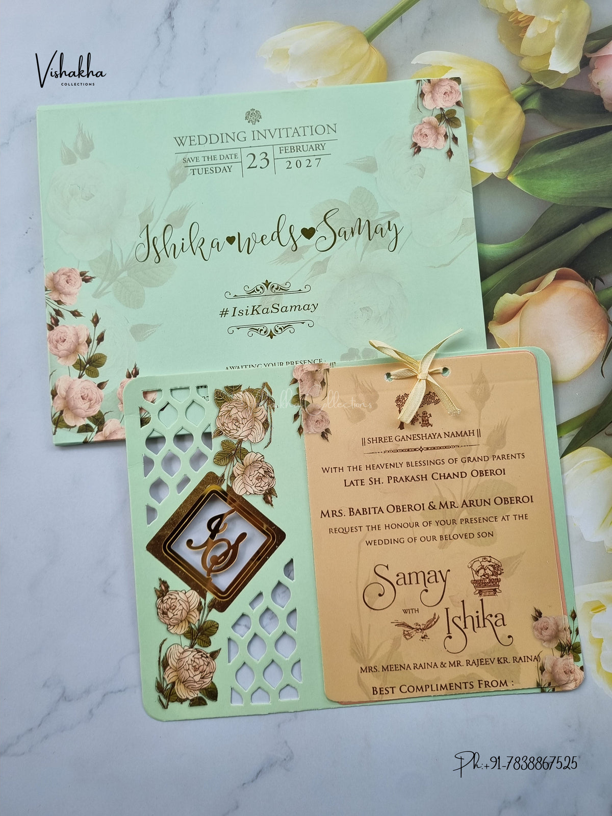 Semi Box Acrylic Ribbon Flower Hindu Muslim Christian Sikh Jain invitation Cards ATS-4330 – image 1