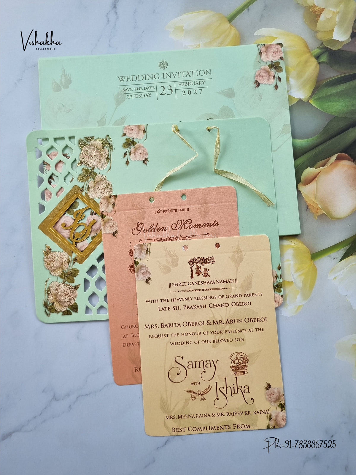 Semi Box Acrylic Ribbon Flower Hindu Muslim Christian Sikh Jain invitation Cards ATS-4330 – image 3