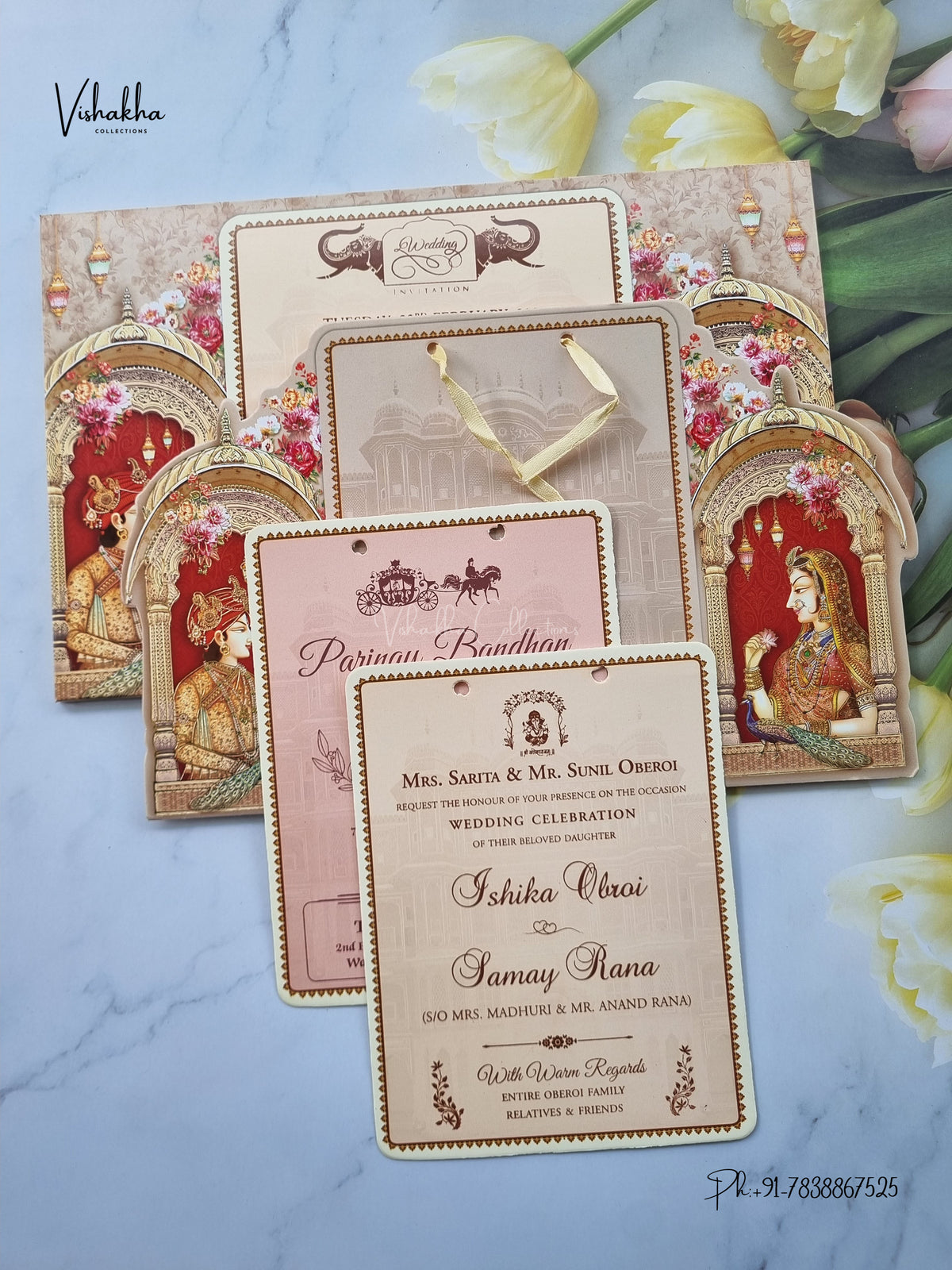 Semi Box Ribbon Jodha Akbar Hindu Sikh Jain invitation Cards ATS-4331 – image 3