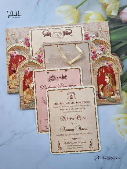 Semi Box Ribbon Jodha Akbar Hindu Sikh Jain invitation Cards ATS-4331 – image 3