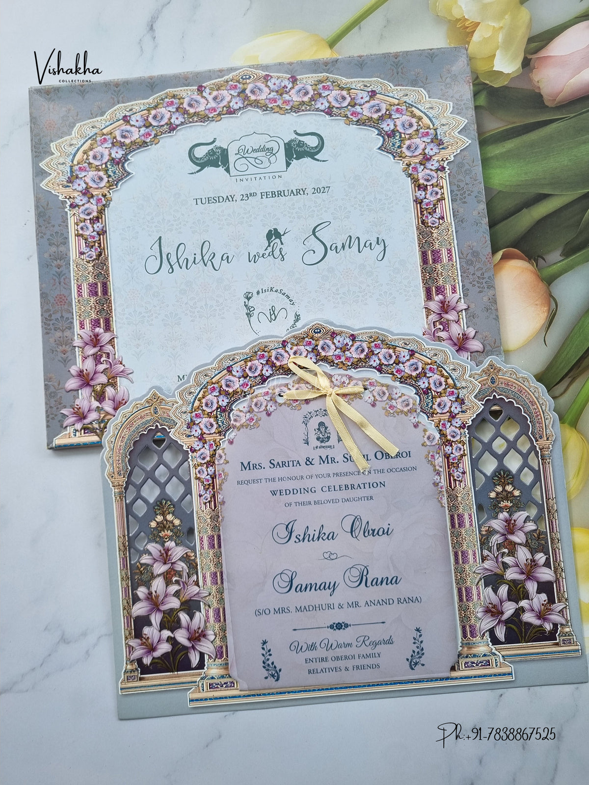 Semi Box Ribbon Flower Hindu Muslim Christian Sikh Jain invitation Cards ATS-4332 – image 1