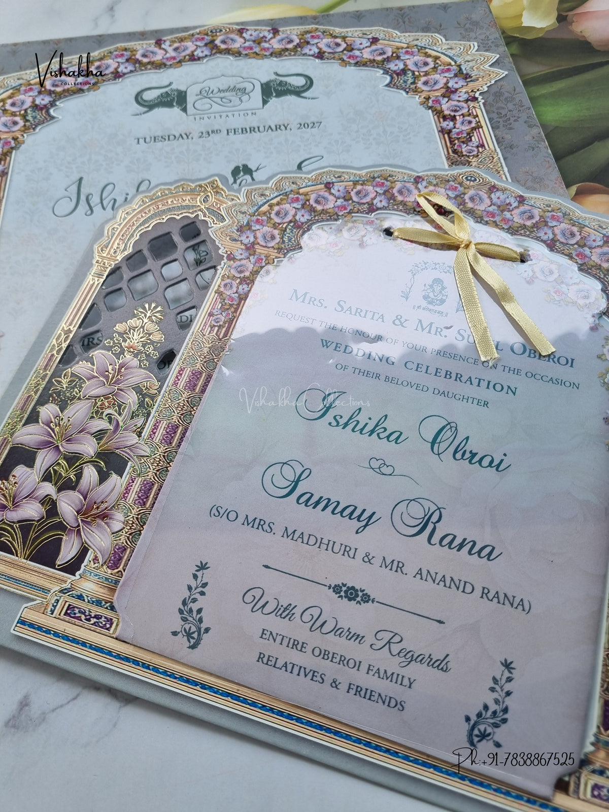 Semi Box Ribbon Flower Hindu Muslim Christian Sikh Jain invitation Cards ATS-4332 – image 2