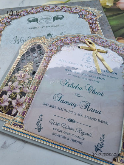 Semi Box Ribbon Flower Hindu Muslim Christian Sikh Jain invitation Cards ATS-4332 – image 2
