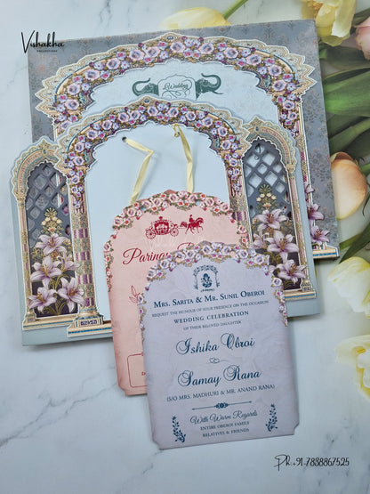 Semi Box Ribbon Flower Hindu Muslim Christian Sikh Jain invitation Cards ATS-4332 – image 3