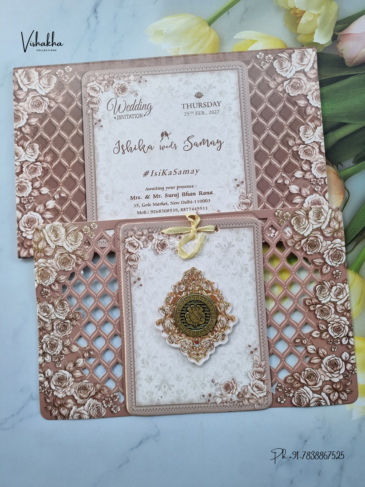 Semi Box Ribbon Ganesh Ji Flower Hindu Jain invitation Cards ATS-4334 – image 1