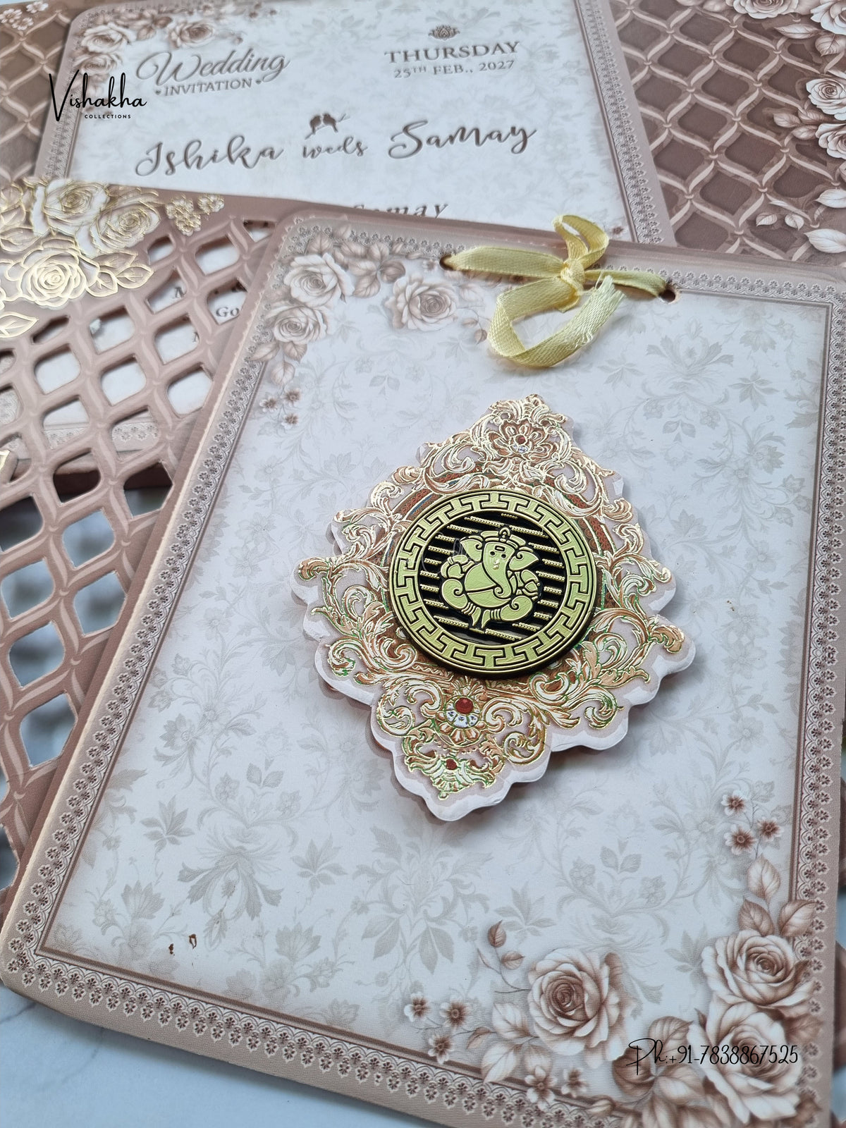 Semi Box Ribbon Ganesh Ji Flower Hindu Jain invitation Cards ATS-4334 – image 2