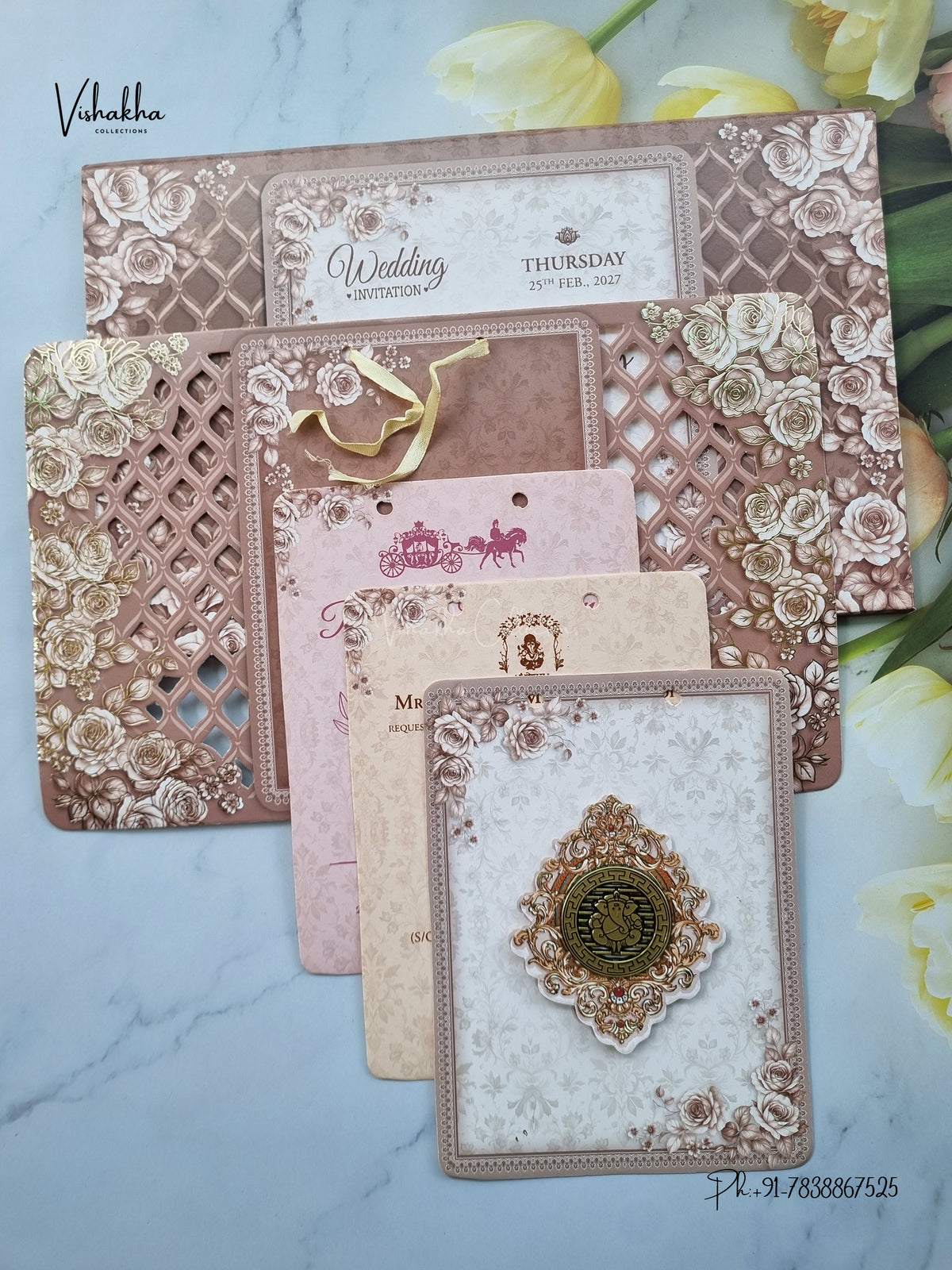 Semi Box Ribbon Ganesh Ji Flower Hindu Jain invitation Cards ATS-4334 – image 3