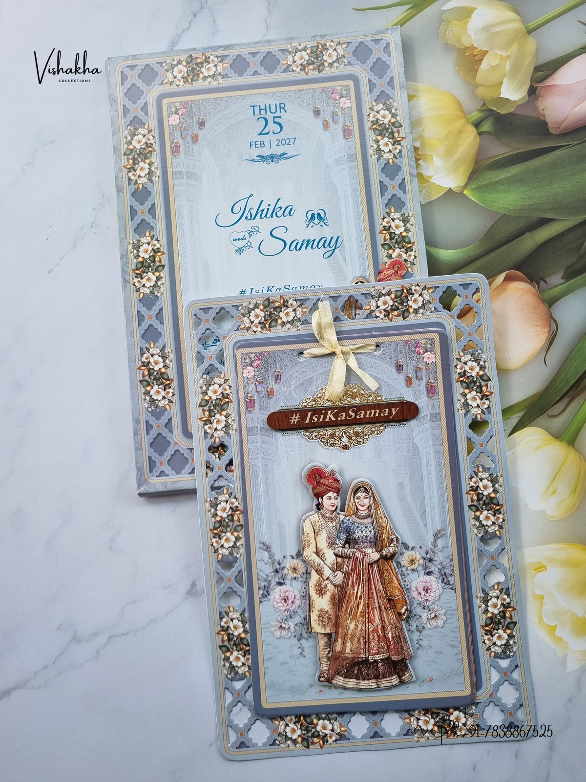 Semi Box Ribbon Dulah Dulhan Flower Hindu Sikh Jain invitation Cards ATS-4335 – image 1