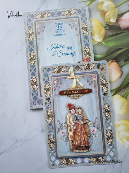Semi Box Ribbon Dulah Dulhan Flower Hindu Sikh Jain invitation Cards ATS-4335 – image 1