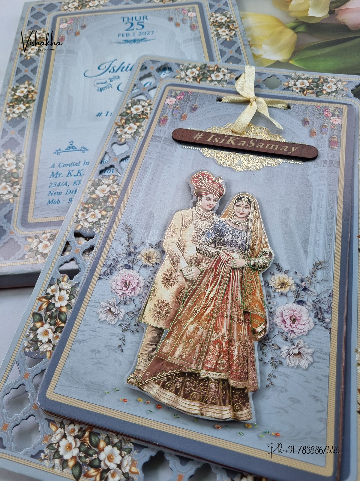Semi Box Ribbon Dulah Dulhan Flower Hindu Sikh Jain invitation Cards ATS-4335 – image 2