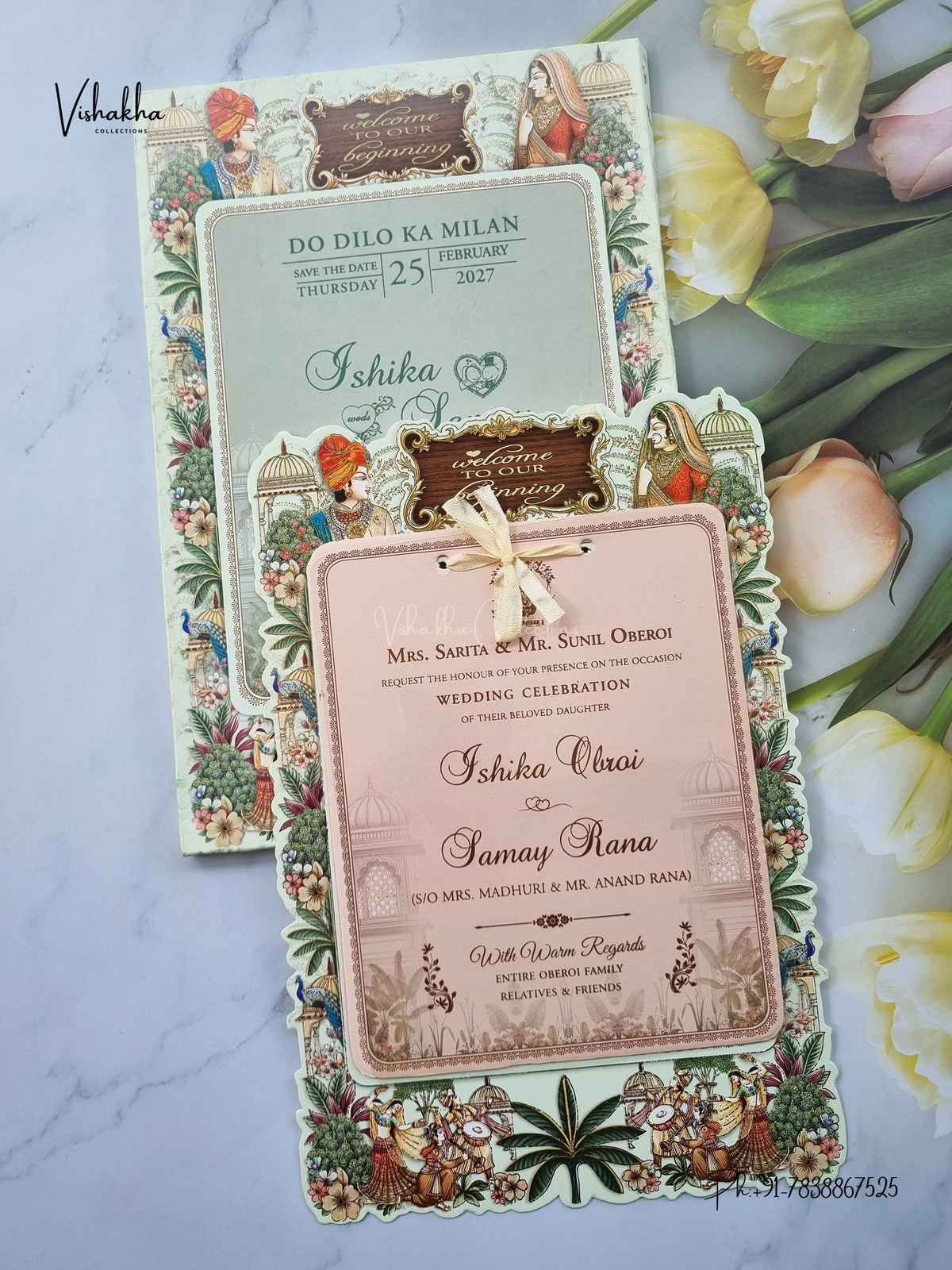 Semi Box Ribbon Jodha Akbar Hindu Sikh Jain invitation Cards ATS-4337 – image 1