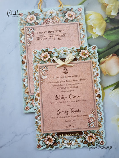 Semi Box Ribbon Carry Bag Flower Hindu Muslim Christian Sikh Jain invitation Cards ATS-4338 – image 1
