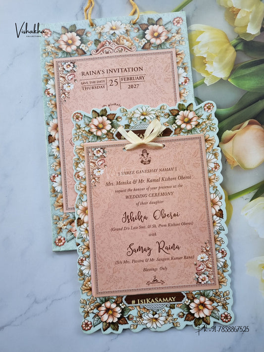 Semi Box Ribbon Carry Bag Flower Hindu Muslim Christian Sikh Jain invitation Cards ATS-4338 – image 1