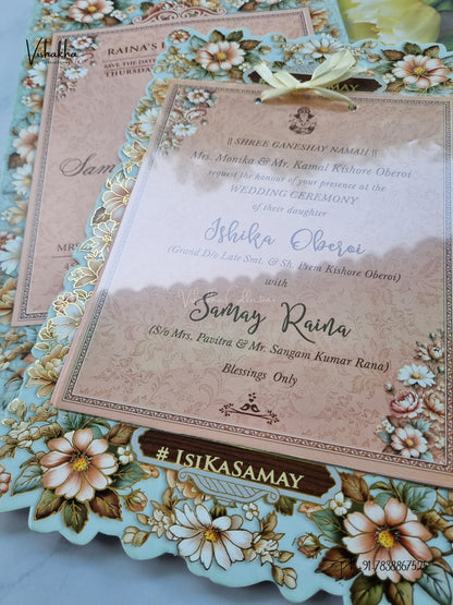Semi Box Ribbon Carry Bag Flower Hindu Muslim Christian Sikh Jain invitation Cards ATS-4338 – image 2
