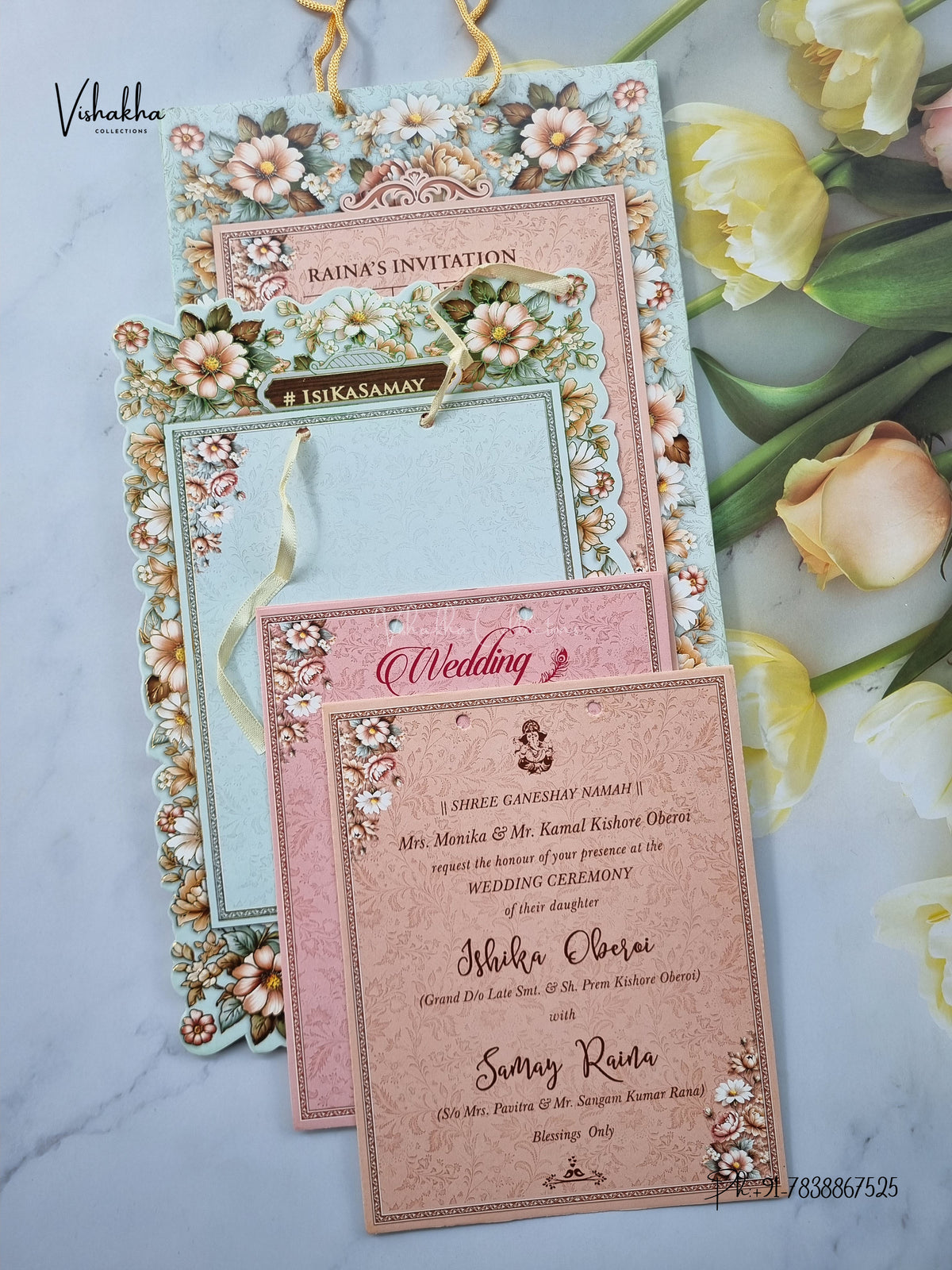 Semi Box Ribbon Carry Bag Flower Hindu Muslim Christian Sikh Jain invitation Cards ATS-4338 – image 3