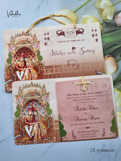Semi Box Ribbon Carry Bag Dulah Dulhan Hindu Sikh Jain invitation Cards ATS-4339 – image 1