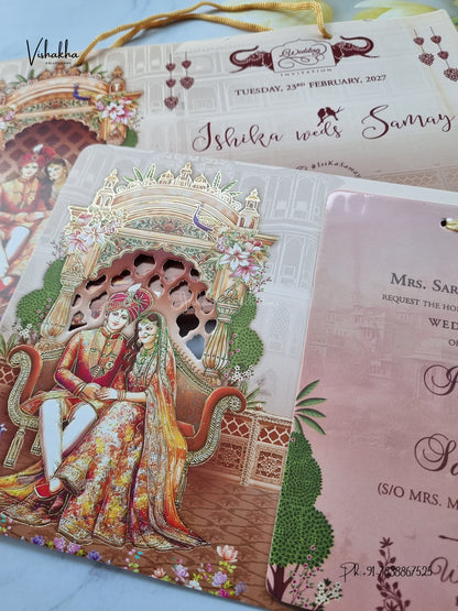 Semi Box Ribbon Carry Bag Dulah Dulhan Hindu Sikh Jain invitation Cards ATS-4339 – image 2