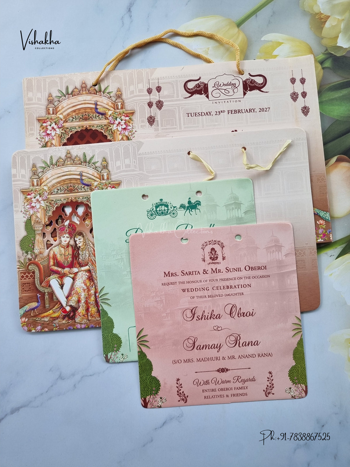 Semi Box Ribbon Carry Bag Dulah Dulhan Hindu Sikh Jain invitation Cards ATS-4339 – image 3