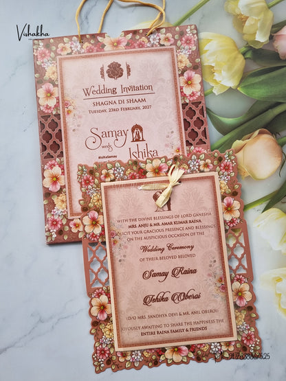 Semi Box Ribbon Carry Bag Flower Hindu Muslim Christian Sikh Jain invitation Cards ATS-4342 – image 1
