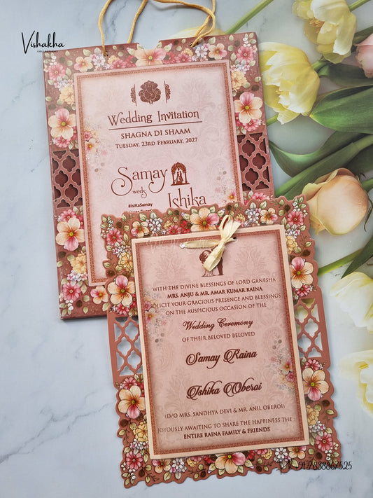 Semi Box Ribbon Carry Bag Flower Hindu Muslim Christian Sikh Jain invitation Cards ATS-4342 – image 1